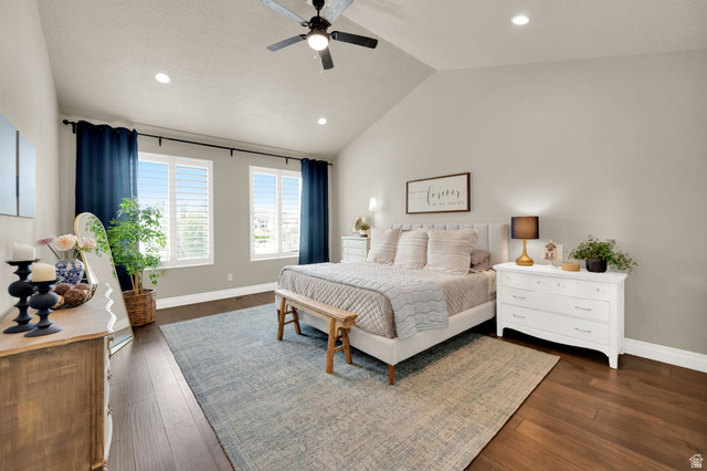 1132 South 1300th Street West Mapleton, UT 84664 - Photo 17 of 52 Primary bedroom with Vaulted ceiling featuring a ceiling fan with integrated lighting and recessed lighting