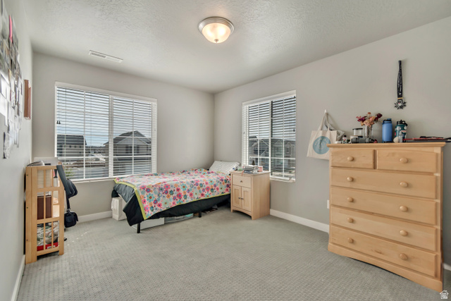 3232 West 1670th Street North Provo, UT 84601 - Photo 18 of 33 Bedroom with light colored carpet and a textured ceiling