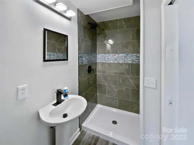a bathroom with a sink and a shower