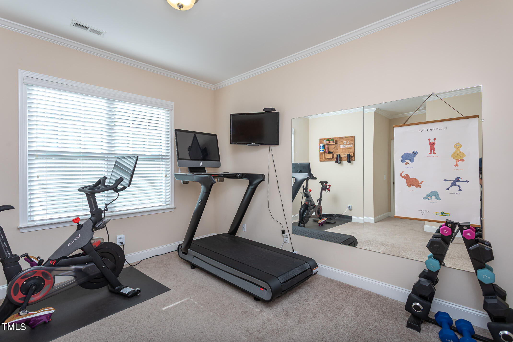 2411 Cattail Pond Drive Zebulon, NC 27597 - Photo 21 of 37 a room with gym equipment and a flat screen tv