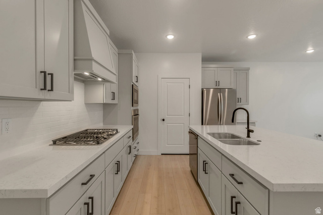30 South Moonlit Road Mapleton, UT 84664 - Photo 4 of 25 Modern kitchen featuring light-toned cabinetry with dark hardware, a center island with an undermount sink and matte black faucet, and light wood-finish flooring