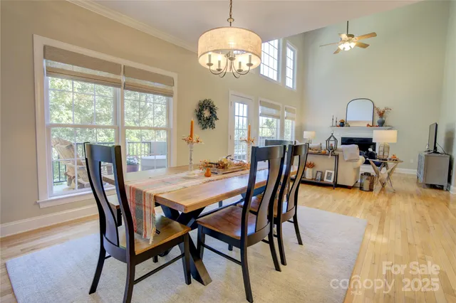 a view of a dining room with furniture a chandelier and wooden floor