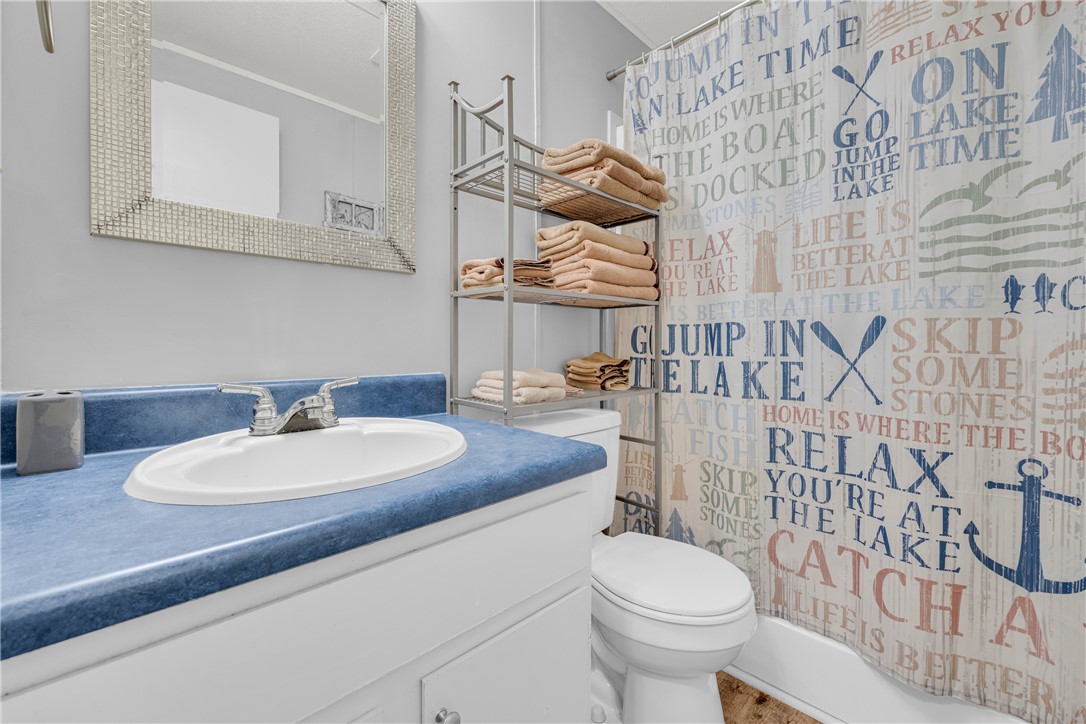 334 Lake Becky Road Mountain Rest, SC 29664 - Photo 23 of 46 A well-maintained bathroom offers essential fixtures and a charming, themed shower curtain.