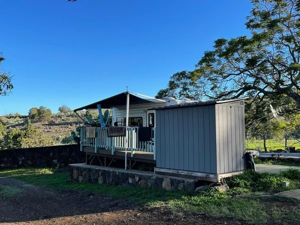 a front view of a house with a yard and potted plants