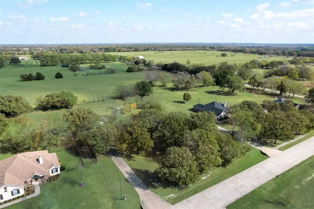 an aerial view of green landscape with trees houses and mountain view