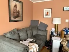 a living room with furniture and a lamp