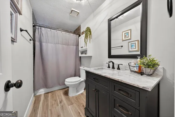 a bathroom with a bathtub and a toilet