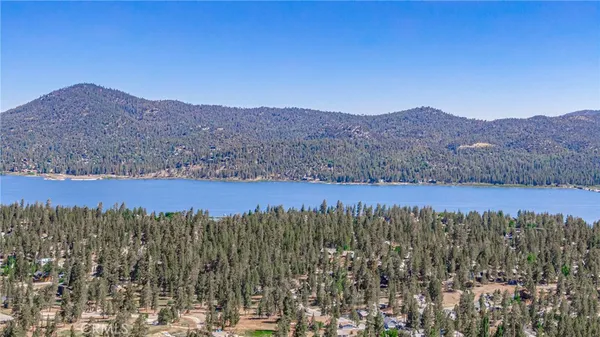 a view of a lush green field with mountains in the background