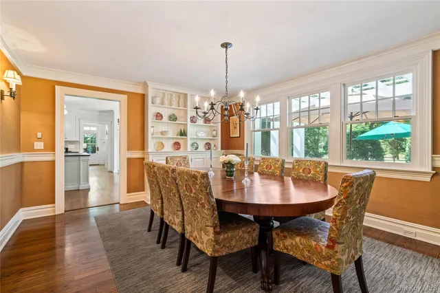 a dining room with furniture window and wooden floor