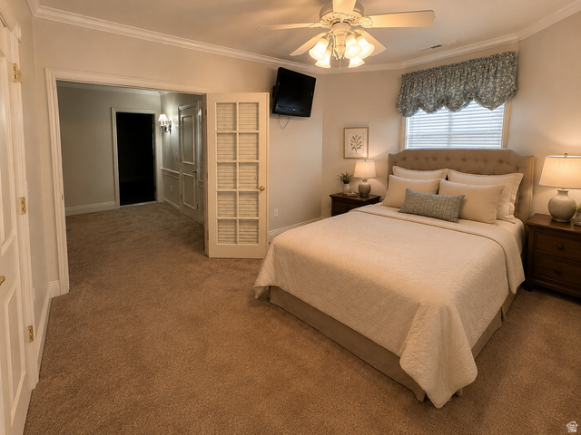 11902 Autumn Ridge Drive East Sandy, UT 84092 - Photo 18 of 20 Carpeted room featuring crown molding, a ceiling fan with light fixture, and a window with blinds AI-staged or enhanced