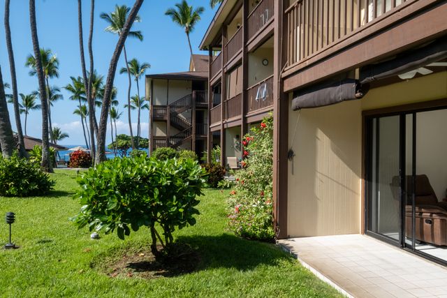 a view of a house with a yard and potted plants