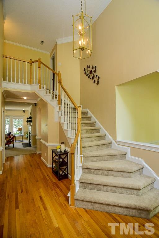 The Grand Foyer is 2 stories tall and makes an elegant statement to all that visit. It will hold any size chandelier you may choose.