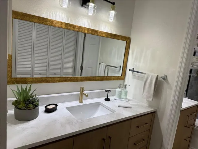 a bathroom with a sink a potted plant and a mirror