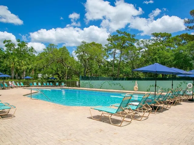 a view of a swimming pool and lounge chairs