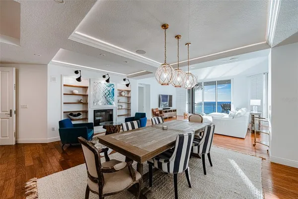 a view of a dining room with furniture