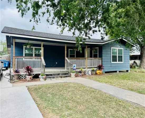 front view of a house with patio