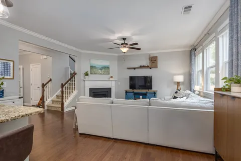 a living room with large window