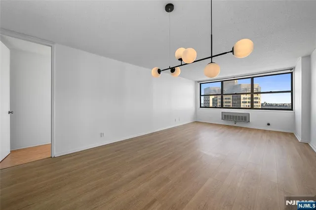 a view of a room with wooden floor and iron gate