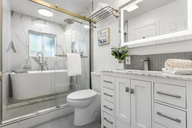 a bathroom with a sink a toilet and vanity