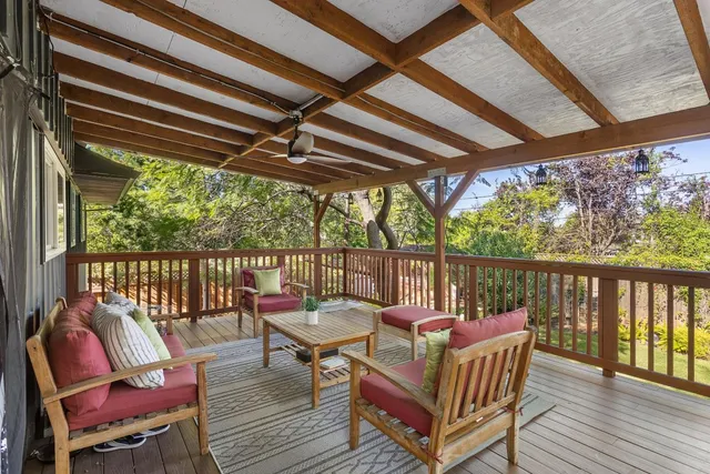a view of a chair in wooden deck