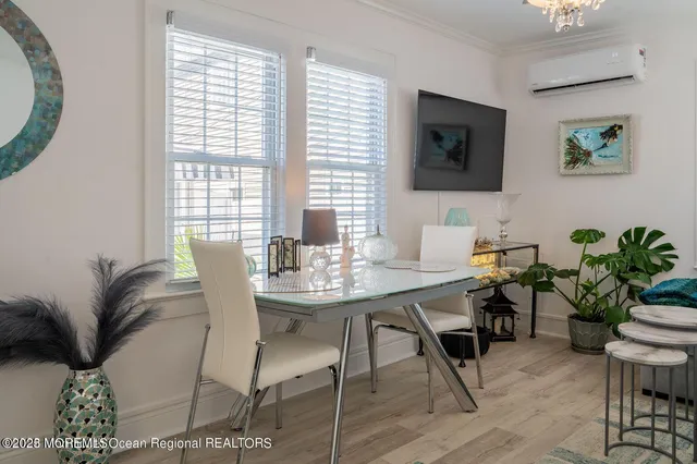 a view of a dining room with furniture