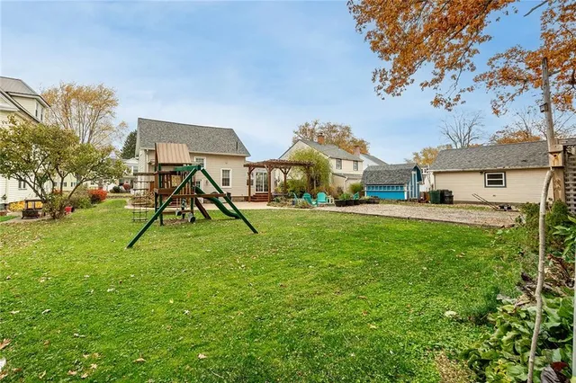 a view of a garden with a slide
