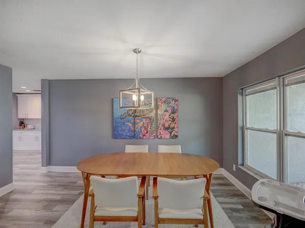 a view of a dining room with furniture