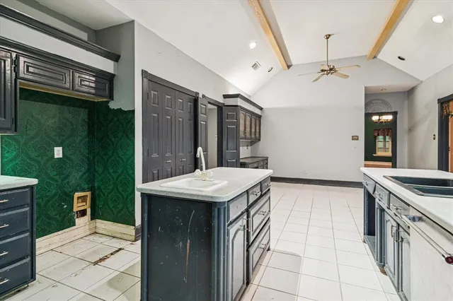 a kitchen with a sink a counter top space stainless steel appliances and cabinets