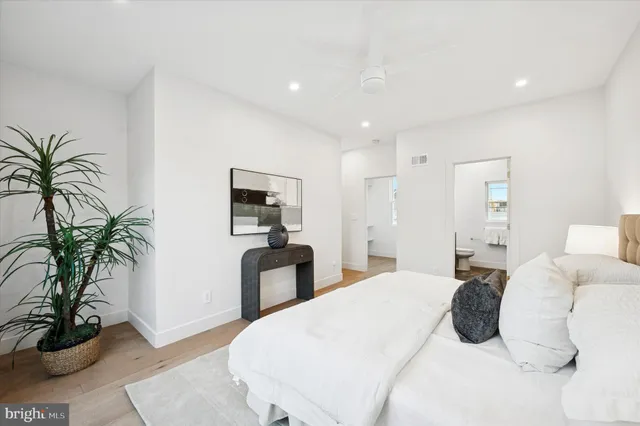 a bedroom with furniture and a potted plant