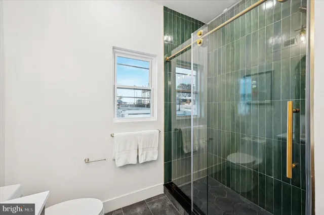 a bathroom with a shower and toilet