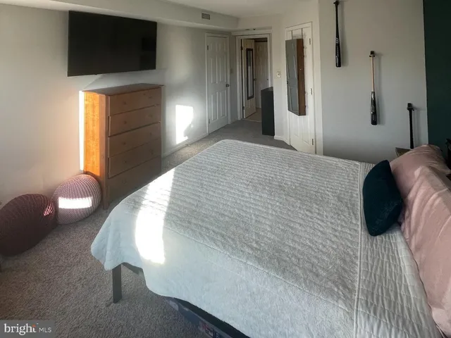 a bedroom with a bed and a television