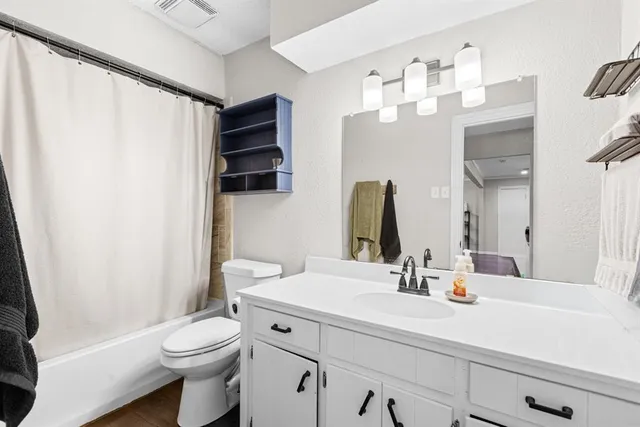 a bathroom with a sink a toilet and shower curtain