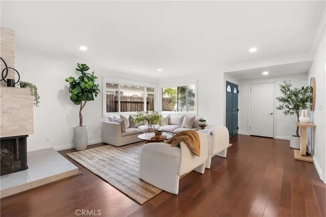 a living room with furniture potted plant and a fireplace