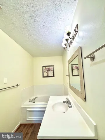 a bathroom with a tub sink and mirror