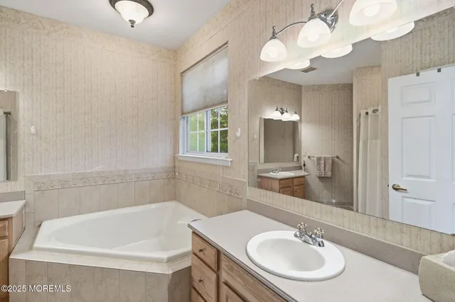 a bathroom with a sink a tub and a mirror