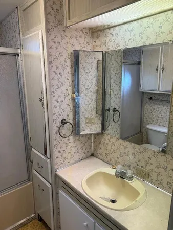 a bathroom with a sink and a mirror