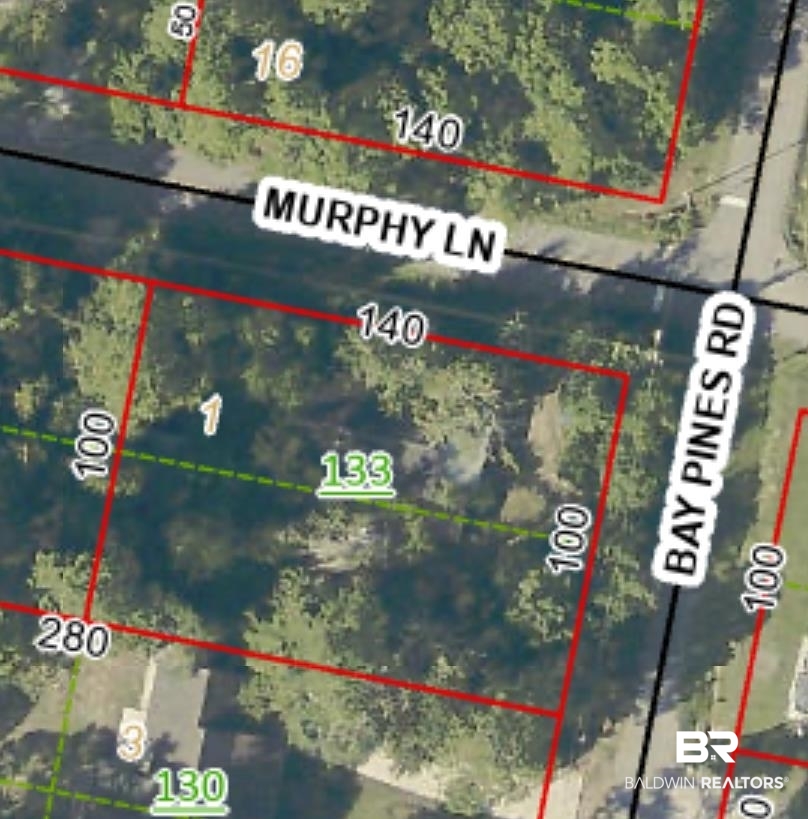 Aerial map of property and surrounding area with property boundaries highlighted