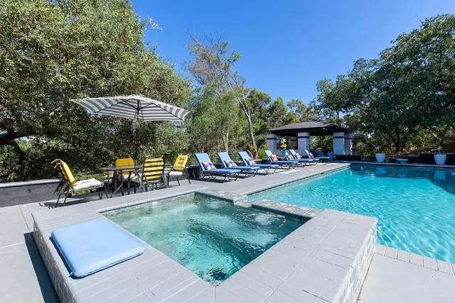 a view of a wooden bench and trees in the background