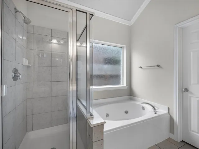 a bathroom with a bathtub and a shower