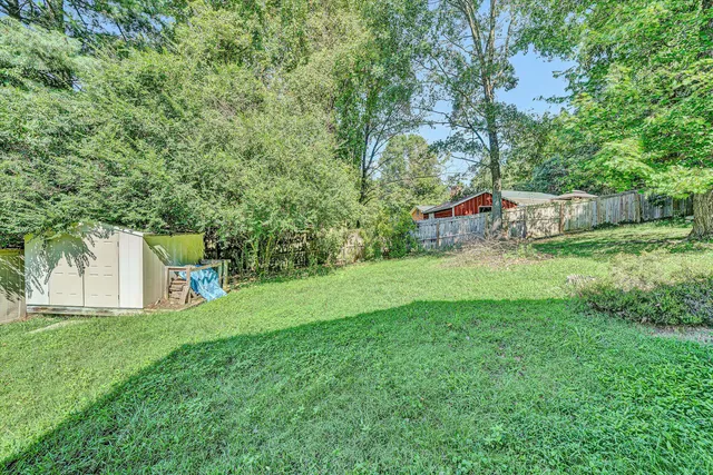 a view of a backyard with table and chairs and a large tree
