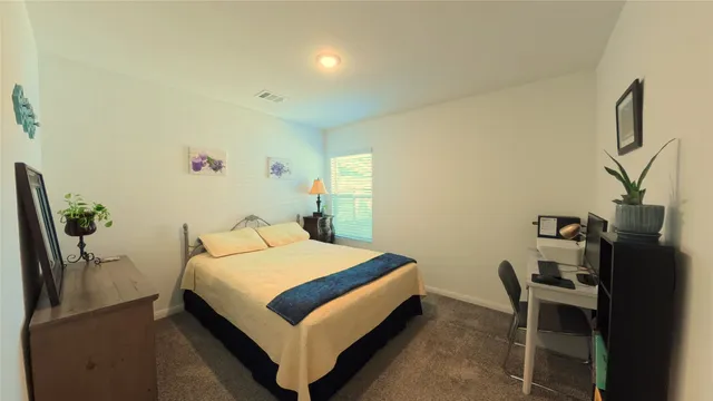 a bedroom with a bed and a chair with the potted plant