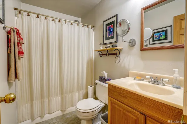 a bathroom with a sink mirror and toilet