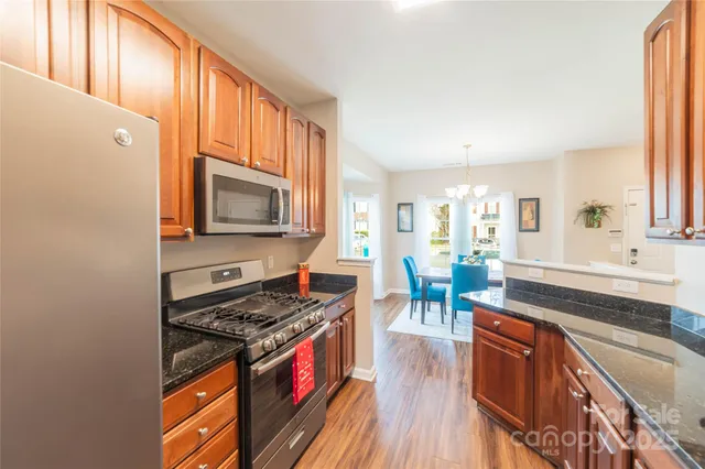 a kitchen with stainless steel appliances granite countertop a stove a sink and a microwave