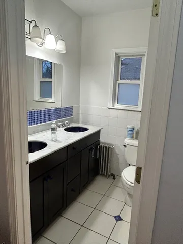 a bathroom with a sink vanity and toilet