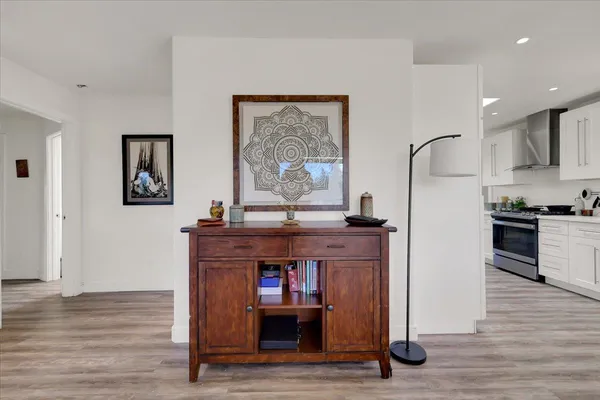 a kitchen with a stove and a potted plant