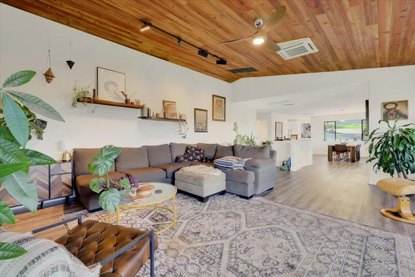 a living room with furniture and a potted plant