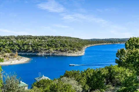 a view of a lake with a mountain in the background
