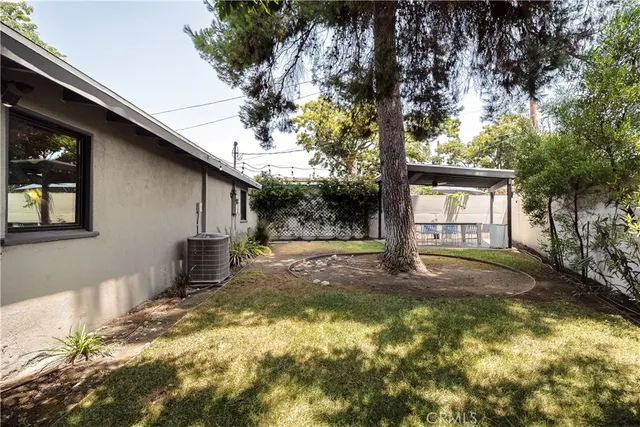 a view of a backyard with a tree
