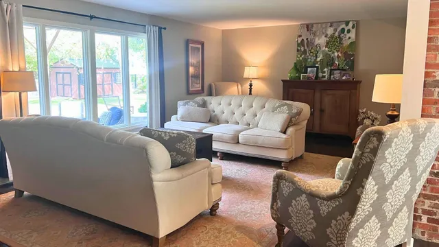 a view of a dining room with furniture