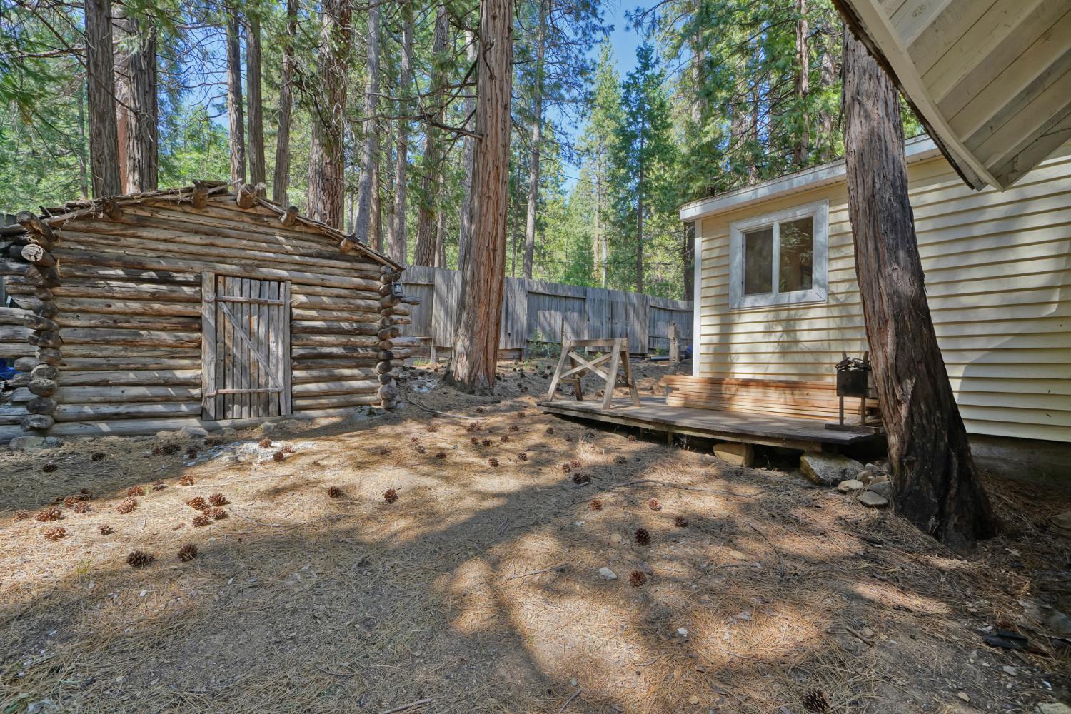 1334 School Road Kyburz, CA 95720 - Photo 29 of 36 a backyard of a house with barbeque oven and wooden fence